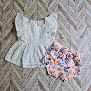 ​Toddler Girl Peach Print Bloomer Set Ruffle Eyelet Tunic Top & Summer Shorts 3T